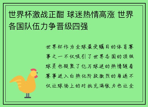 世界杯激战正酣 球迷热情高涨 世界各国队伍力争晋级四强 世界杯激战正酣 球迷热情高涨 世界各国队伍力争晋级四强